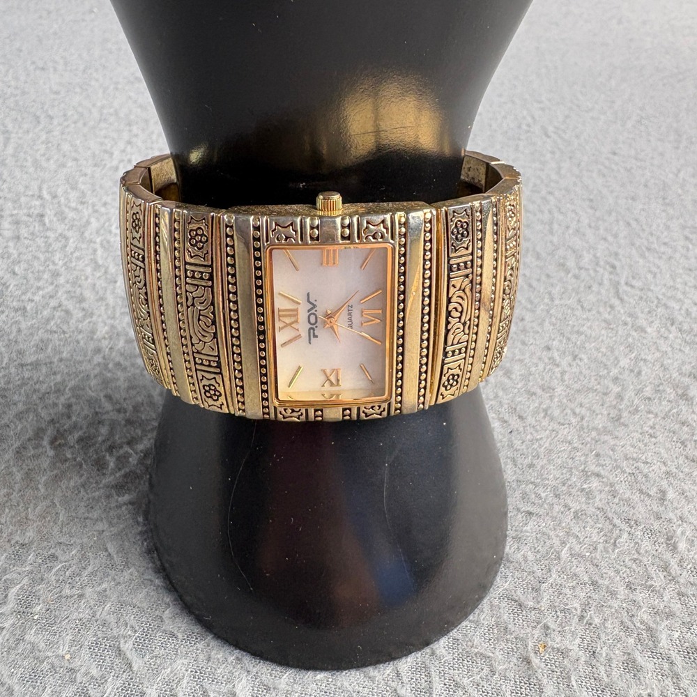 POV B21120 Gold Tone Ornate Cuff Watch Roman Numeral Dial Japan Movt